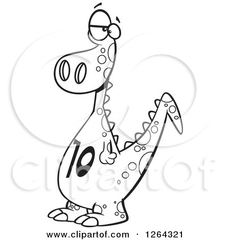 Clipart of a Black and White Cartoon Dinosaur with a Number Ten on His Tummy - Royalty Free Vector Illustration by toonaday
