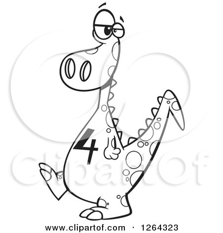 Clipart of a Black and White Cartoon Dinosaur with a Number Four on His Tummy - Royalty Free Vector Illustration by toonaday