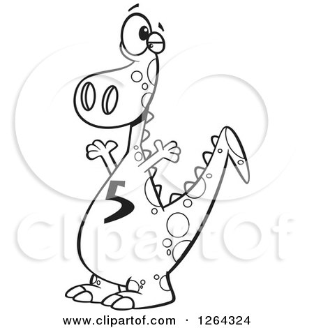 Clipart of a Black and White Cartoon Dinosaur with a Number Five on His Tummy - Royalty Free Vector Illustration by toonaday