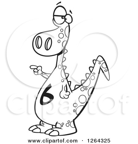 Clipart of a Black and White Cartoon Dinosaur with a Number Six on His Tummy - Royalty Free Vector Illustration by toonaday