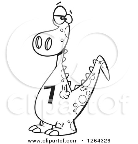 Clipart of a Black and White Cartoon Dinosaur with a Number Seven on His Tummy - Royalty Free Vector Illustration by toonaday