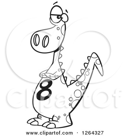 Clipart of a Black and White Cartoon Dinosaur with a Number Eight on His Tummy - Royalty Free Vector Illustration by toonaday