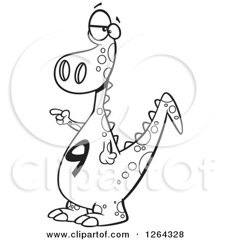 Clipart of a Black and White Cartoon Dinosaur with a Number Nine on His Tummy - Royalty Free Vector Illustration by toonaday