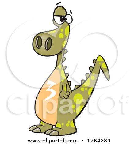 Clipart of a Cartoon Green Dinosaur with a Number Three on His Tummy - Royalty Free Vector Illustration by toonaday