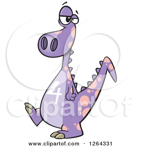 Clipart of a Cartoon Purple Dinosaur with a Number Four on His Tummy - Royalty Free Vector Illustration by toonaday