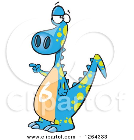 Clipart of a Cartoon Blue Dinosaur with a Number Six on His Tummy - Royalty Free Vector Illustration by toonaday
