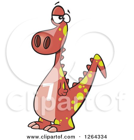 Clipart of a Cartoon Red Dinosaur with a Number Seven on His Tummy - Royalty Free Vector Illustration by toonaday