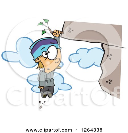 Clipart of a Cartoon Caucasian Boy Hanging from a Weed on a Cliff - Royalty Free Vector Illustration by toonaday