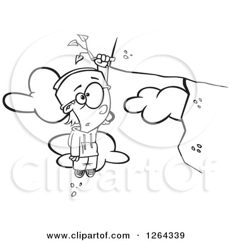 Clipart of a Black and White Cartoon Boy Hanging from a Weed on a Cliff - Royalty Free Vector Illustration by toonaday