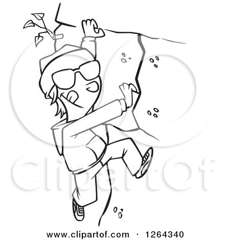 Clipart of a Black and White Cartoon Boy Climbing a Mountain - Royalty Free Vector Illustration by toonaday