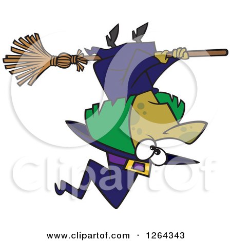 Clipart of a Cartoon Green Halloween Witch Flying Upside down - Royalty Free Vector Illustration by toonaday