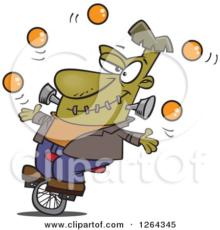 Cartoon Talented Frankenstein Juggling and Riding a Unicycle Posters, Art Prints