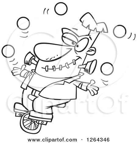 Clipart of a Black and White Cartoon Frankenstein Juggling and Riding a Unicycle - Royalty Free Vector Illustration by toonaday
