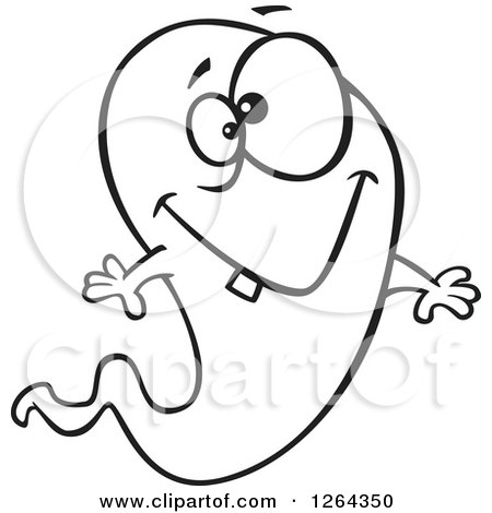 Clipart of a Black and White Cartoon Happy Ghost with a Single Tooth - Royalty Free Vector Illustration by toonaday