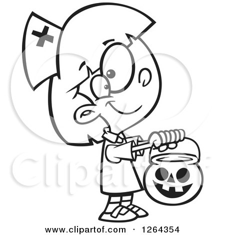 Clipart of a Black and White Cartoon Girl Trick or Treating in a Nurse Halloween Costume - Royalty Free Vector Illustration by toonaday