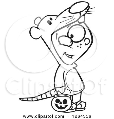 Clipart of a Black and White Cartoon Boy Trick or Treating in a Mouse Halloween Costume - Royalty Free Vector Illustration by toonaday