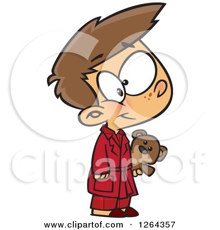 Clipart of a Cartoon Caucasian Boy Wearing Pajamas and Holding a Teddy Bear - Royalty Free Vector Illustration by toonaday