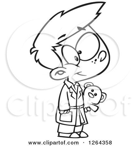 Clipart of a Black and White Cartoon Boy Wearing Pajamas and Holding a Teddy Bear - Royalty Free Vector Illustration by toonaday