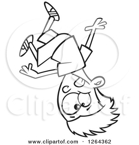 Clipart of a Black and White Cartoon Parkour Boy Upside down - Royalty Free Vector Illustration by toonaday