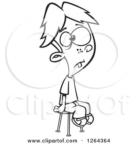 Clipart of a Black and White Cartoon Boy Sitting and Posing Unenthusiasticly for a School Photo - Royalty Free Vector Illustration by toonaday