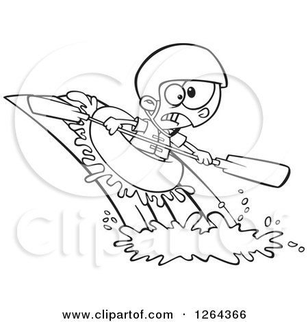 Clipart of a Black and White Cartoon Boy White Water Rafting - Royalty Free Vector Illustration by toonaday