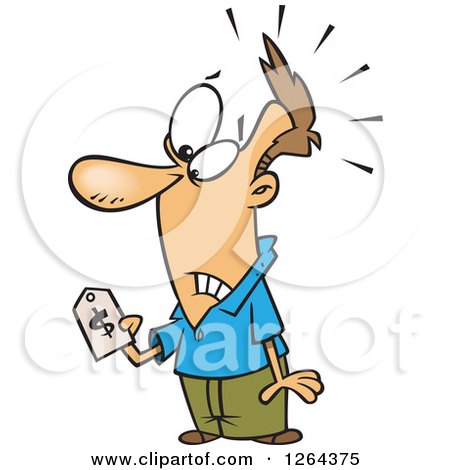 Clipart of a Cartoon Caucasian Man with Sticker Shock, Holding a Price Tag - Royalty Free Vector Illustration by toonaday