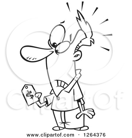 Clipart of a Black and White Cartoon Man with Sticker Shock, Holding a Price Tag - Royalty Free Vector Illustration by toonaday