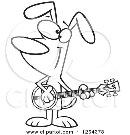 Clipart of a Black and White Cartoon Musician Dog Playing a Banjo - Royalty Free Vector Illustration by toonaday