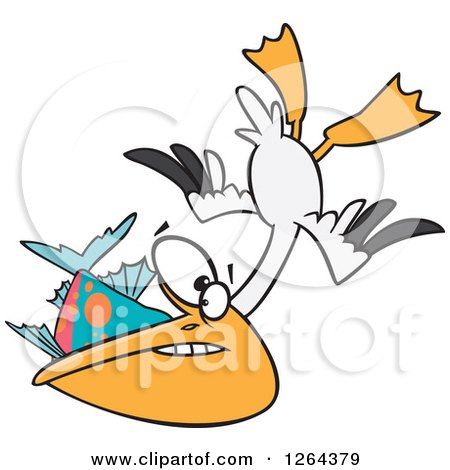 Clipart of a Cartoon Hungry Pelican Swooping up a Fish - Royalty Free Vector Illustration by toonaday