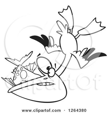 Clipart of a Black and White Cartoon Pelican Swooping up a Fish - Royalty Free Vector Illustration by toonaday