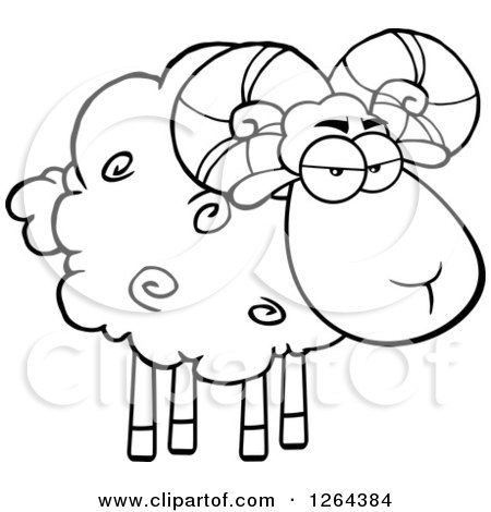Clipart of a Black and White Ram Sheep with Curly Horns - Royalty Free Vector Illustration by Hit Toon
