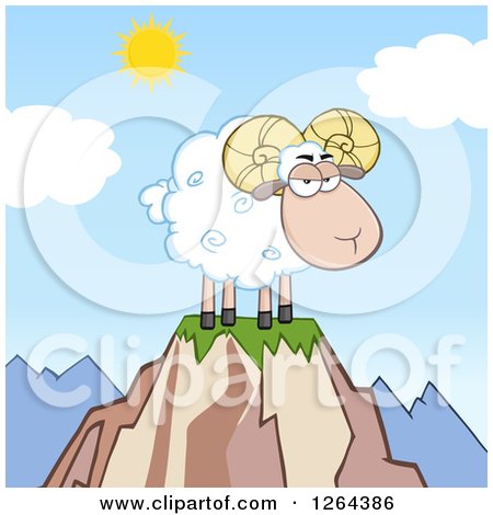 Clipart of a White Ram Sheep with Curly Horns on a Mountain Top - Royalty Free Vector Illustration by Hit Toon