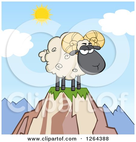 Clipart of a Ram Sheep with Curly Horns on a Mountain Top - Royalty Free Vector Illustration by Hit Toon