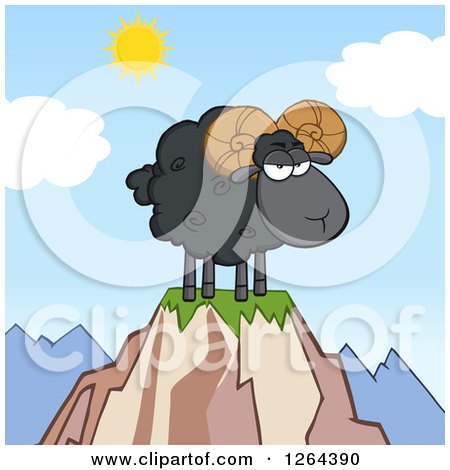 Clipart of a Black Ram Sheep with Curly Horns on a Mountain Top - Royalty Free Vector Illustration by Hit Toon
