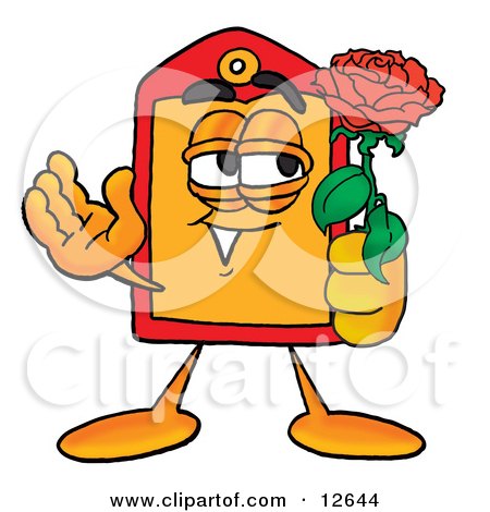 Clipart Picture of a Price Tag Mascot Cartoon Character Holding a Red Rose on Valentines Day by Mascot Junction