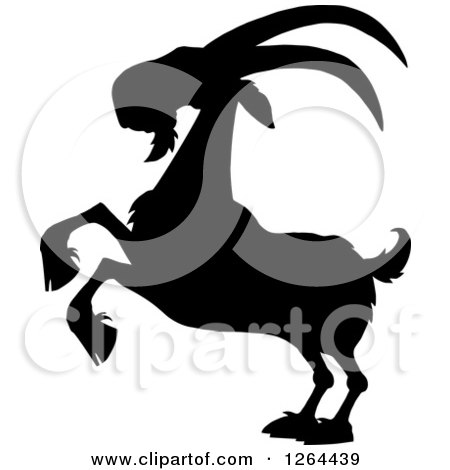 Clipart of a Black Silhouetted Rearing Buck Goat - Royalty Free Vector Illustration by Hit Toon