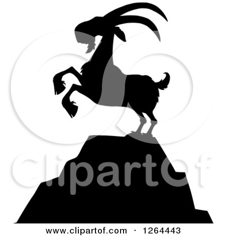 Clipart of a Black Silhouetted Rearing Buck Goat on a Mountain Top - Royalty Free Vector Illustration by Hit Toon