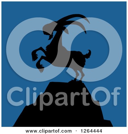 Clipart of a Black Silhouetted Rearing Rearing Buck Goat on a Mountain Peak over Blue - Royalty Free Vector Illustration by Hit Toon