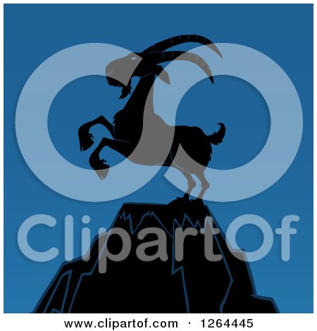 Clipart of a Silhouetted Rearing Rearing Buck Goat on a Mountain Peak over Blue - Royalty Free Vector Illustration by Hit Toon