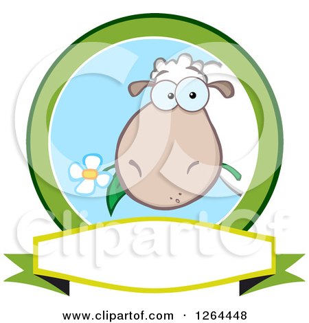 Clipart of a Sheep Eating a Flower in a Green and Blue Circle over a Banner - Royalty Free Vector Illustration by Hit Toon