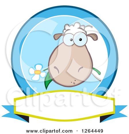 Clipart of a Sheep Eating a Flower in a Blue Circle over a Banner - Royalty Free Vector Illustration by Hit Toon