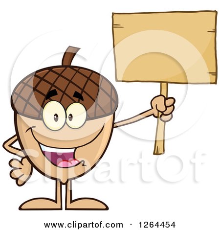 Clipart of a Happy Acorn Character Holding up a Blank Wood Sign - Royalty Free Vector Illustration by Hit Toon