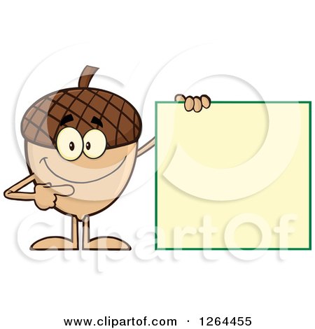 Clipart of a Happy Acorn Character Pointing to a Blank Sign - Royalty Free Vector Illustration by Hit Toon