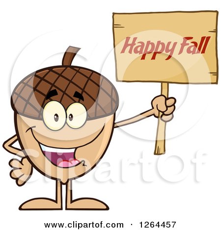 Clipart of an Acorn Character Holding a Happy Fall Sign - Royalty Free Vector Illustration by Hit Toon