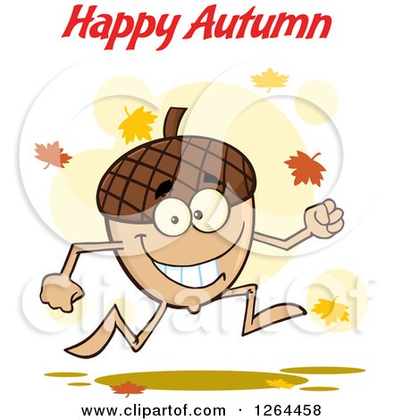 Clipart of a Running Acorn Character Under Happy Autumn Text - Royalty Free Vector Illustration by Hit Toon