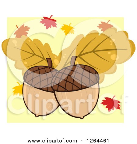 Clipart of Acorns with Autumn Oak Leaves over Yellow and White - Royalty Free Vector Illustration by Hit Toon