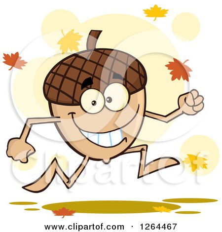 Clipart of a Happy Acorn Character Running and Autumn Leaves - Royalty Free Vector Illustration by Hit Toon