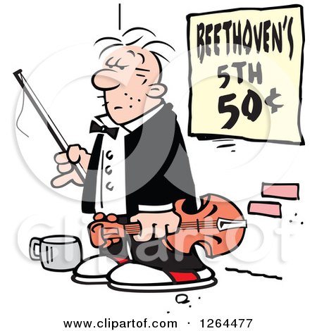 Clipart of a Cartoon Male Panhandler Violinist on a Sidewalk with a Beethovens 5th Sign - Royalty Free Vector Illustration by Johnny Sajem