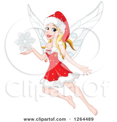 Clipart of a Blond Caucasian Christmas Fairy Woman Flying with a Snowflake - Royalty Free Vector Illustration by Pushkin