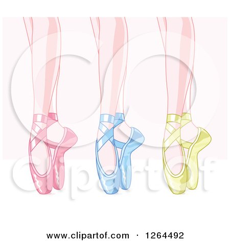 Clipart of Feet of Dancing Ballerinas in Pink Blue and Green Satin Slippers over Pink and White - Royalty Free Vector Illustration by Pushkin